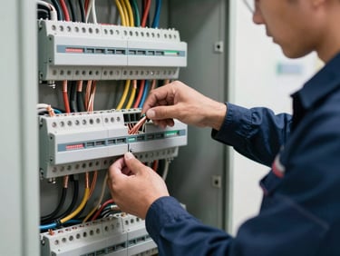 Close-up of a professional electrician in a clean dark blue uniform, systematically organizing copper cables inside a modern, structured electrical panel. Sharp natural daylight, high detail, clean tools.