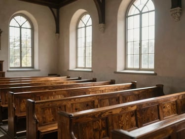 Wide panoramic shot of a serene church interior with soft natural sunlight filtering through windows, warm wooden pews, and a quiet, peaceful atmosphere.