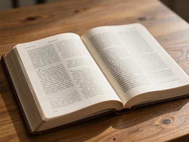 A close-up of an open Bible on a warm wooden table, with soft morning light illuminating the pages, conveying study and reflection.