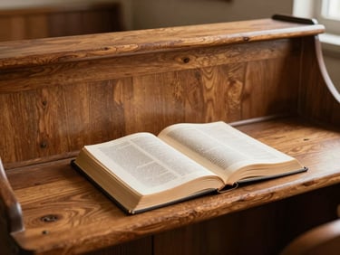Un púlpito de madera sobrio con una Biblia abierta bajo luz cálida y natural de mañana