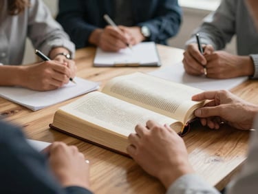 Manos sosteniendo una Biblia abierta durante un estudio bíblico grupal en una mesa de madera clara