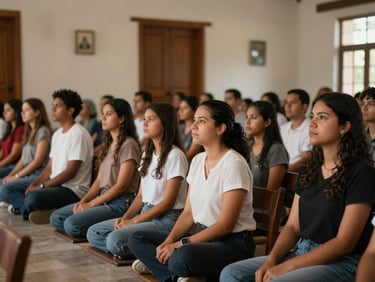 Congregación sentada de manera ordenada escuchando con atención en un templo iluminado de forma natural