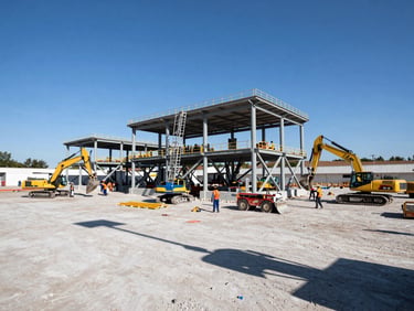 Amplia vista de una obra civil industrial en progreso con maquinaria pesada y trabajadores, destacando la escala y el orden, luz diurna brillante, sombras de alto contraste.