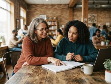 Warm editorial photography of a mentor guiding a young adult at a wooden table inside a cozy Indiana community center, soft natural daylight, earthy tones, 35mm.
