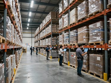 Wide-angle interior of a high-tech distribution warehouse in Mexico with organized tall racking, crisp cool-toned lighting, clean concrete floor, and logistics operators analyzing data.
