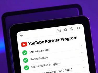 Crisp digital interface of the YouTube Partner Program monetization dashboard, clean green checkmarks, soft purple ambient glow