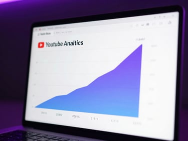 Sleek dark-mode digital mockup of a YouTube analytics dashboard showing watch hours spiking upwards, vibrant purple and blue neon backlighting, sharp focus