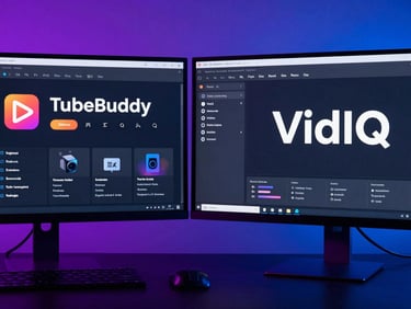 Side-by-side sleek dark-mode software interfaces of TubeBuddy and VidIQ on a dual-monitor setup, vibrant neon backlighting