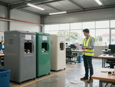 Wide-angle, bright daylight photograph of a modern industrial workshop in Minas Gerais with organized waste sorting stations, a professional environmental engineer in business casual and a high-vis vest reviewing blueprints, clean and compliant workspace.