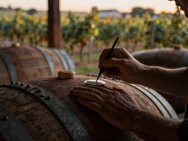 Close-up of hands drawing a barrel sample in an atmospheric, dimly lit Russian River cellar