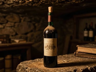 A dusty library vintage cabernet bottle being uncorked in a moody, low-lit stone cellar