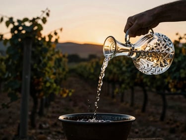 Soft golden-hour light shining through a crystal decanter being poured in a Sonoma vineyard