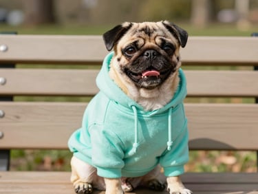 A happy pug wearing a custom-fit turquoise hoodie, sitting on a sunny park bench, eye-level portrait, warm lighting