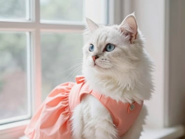 A fluffy white cat wearing a delicate coral dress, looking out a bright window, soft focus, elegant pet portrait