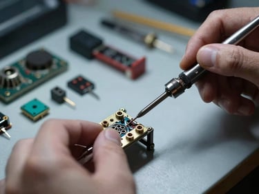 crisp macro photography of hands soldering components, organized workbench, dramatic directional workbench lighting, shallow depth of field, 50mm
