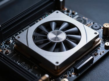 Macro shot of a high-end GPU being seated into a motherboard, dramatic directional lighting, cool ambient tones, 50mm