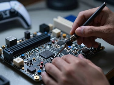 Close-up of hands soldering components on a PS5 motherboard, dramatic workbench lighting, cool ambient tones, shallow depth of field, 50mm