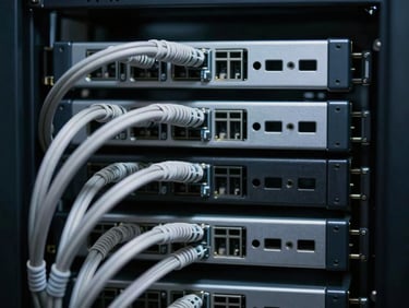 crisp macro photography of neat server racks and clean cable management, cool technical color palette, dramatic directional lighting, shallow depth of field, 50mm
