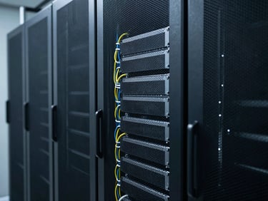 Wide shot of a completed commercial server rack installation, neat cable management, cool ambient tones.