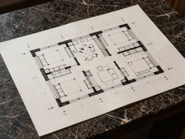 Overhead view of an architectural floor plan drawn in ink on ivory drafting paper, set on a dark marble surface under studio strobe light, edges of the plan crisp and deliberate