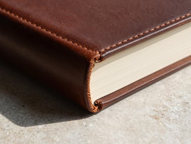 Close-up of a finished leather-bound publication spine and corner detail on a pale stone surface, north-facing daylight casting a precise shadow along the binding edge