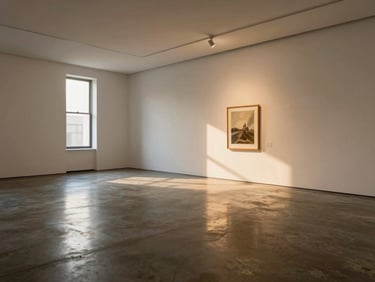 Wide environmental shot of an empty gallery interior, polished concrete floor, single recessed spotlight illuminating a framed piece on a far white wall, golden hour light entering from a narrow side window
