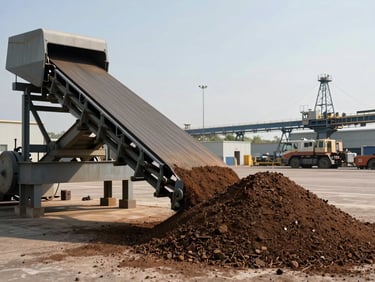 Heavy-duty industrial conveyor belt transporting bulk minerals at a port terminal, outdoor daylight.