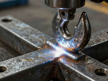 Extreme macro detail of a heavy-duty industrial weld on a steel mooring hook frame, high-contrast metallic reflections under industrial work lights.