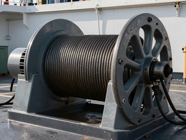 A heavy-duty marine towing winch on a ship deck, steel cables wound tightly, high-contrast industrial lighting.