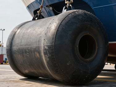 Close-up of a massive cylindrical marine rubber fender compressed by a vessel hull, industrial dockside daylight.