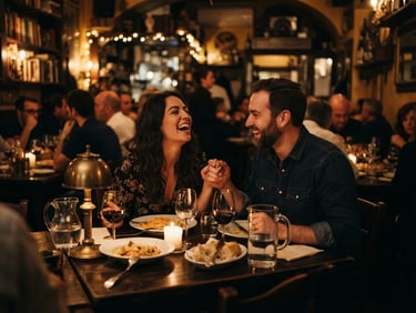 Wide-angle low-light environmental portrait of a couple laughing naturally at a dimly lit dinner table, rich golden hour ambient light, deep saturated tones, 35mm film grain