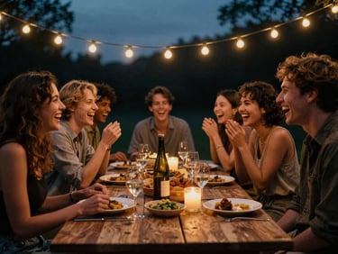 A group of friends laughing heartily around a rustic dinner table at dusk, warm ambient string lights, candid expressions, deep saturated tones, 35mm film grain
