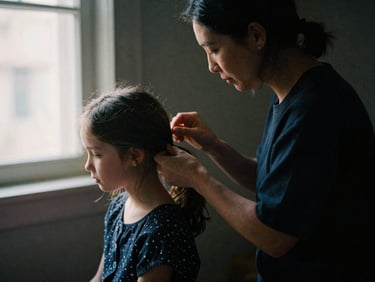A mother gently adjusting her daughter's hair in a dimly lit room, soft natural window light, intimate mood, rich editorial photography, 35mm film grain