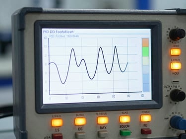 Macro shot of an analog signal calibrator screen showing a stable PID control loop graph, amber indicator lights.