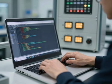 An engineer's hands typing control logic on a laptop screen displaying structured text code, industrial control rack in the background.