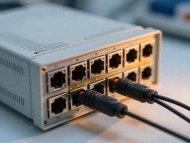 Close-up of a high-end industrial automation controller with Ethernet ports connected, cool laboratory lighting.