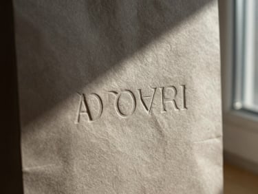 Macro shot of minimalist textured paper packaging with debossed typography, directional natural light, deep cast shadows