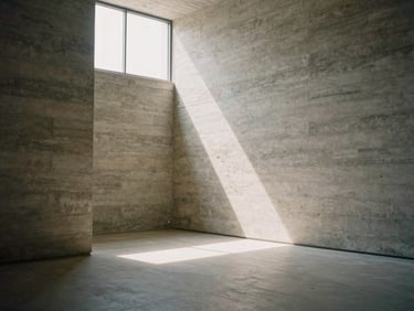 Wide architectural interior of a minimalist concrete gallery, soft natural light streaming from a high window, raw stone textures