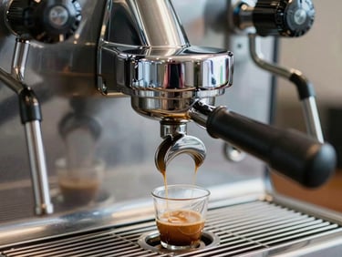 Close-up of a shiny chrome espresso machine group head pouring espresso, clean steam wand, technical precision