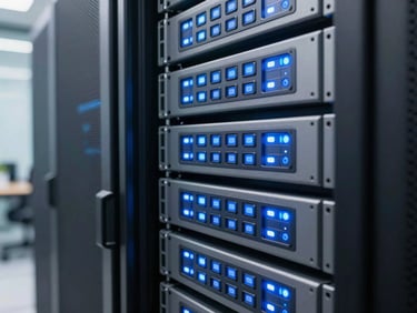 A close-up of clean modern server rack indicators glowing cool blue in a dark, secure data center, sharp focus, 35mm corporate photography