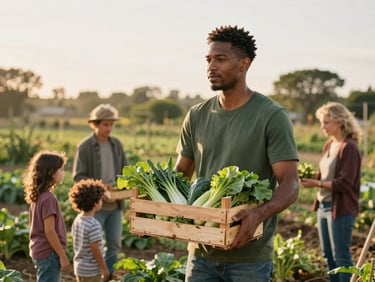 Candid environmental portrait of a volunteer handing a wooden crate of fresh green vegetables to a family in a sunlit community garden, golden hour light, rich muted earth tones