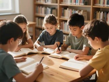 Warm natural daylight illuminating a small group of young students reading together around a wooden table in a bright library, soft focus background, 35mm film style