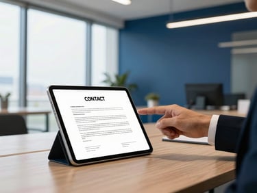 A professional lawyer pointing at a tablet showing a clean digital contract, bright window light, modern Colombian office interior with deep blue accents.