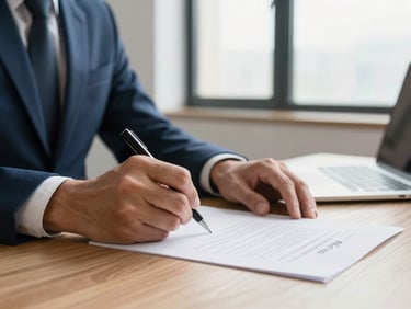 Close-up of professional hands signing a clean legal document on a wooden desk, warm natural window light, elegant minimalist office background.