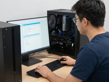 Hands plugging a diagnostic USB into a laptop on a wooden desk, screen partially open showing a system diagnostics interface, natural window light from the right side