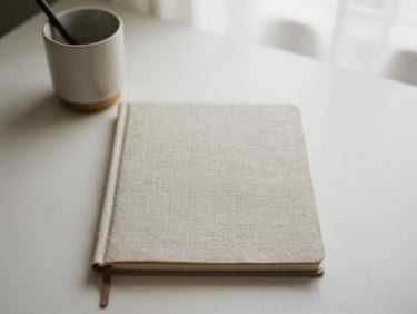 Top-down flat lay of a minimalist desk, linen notebook, ceramic pen cup, soft morning light
