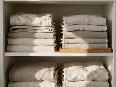 An organized linen closet shelf with neatly folded neutral blankets and a small wooden tray, soft warm shadows, elegant and calm composition.