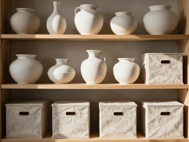 A light wood shelf with neatly arranged ceramic vessels and linen storage boxes, warm shadows