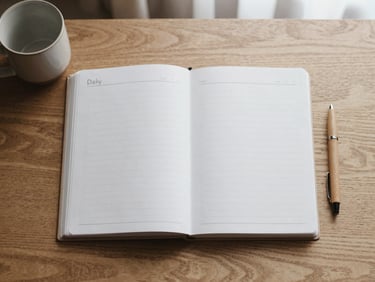 Top-down flat lay of a beautifully printed daily planning sheet on an oak table, a ceramic mug and a wooden pen beside it, soft diffused lighting, muted neutral tones.