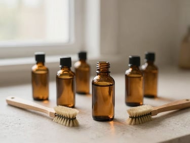 Amber glass bottles with wooden brushes on a neutral stone countertop, diffused morning light